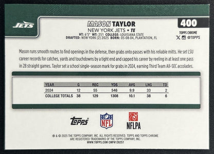 Mason Taylor 2025 Topps Chrome Rookie Purple Geometric Refractor /75 Jets back
