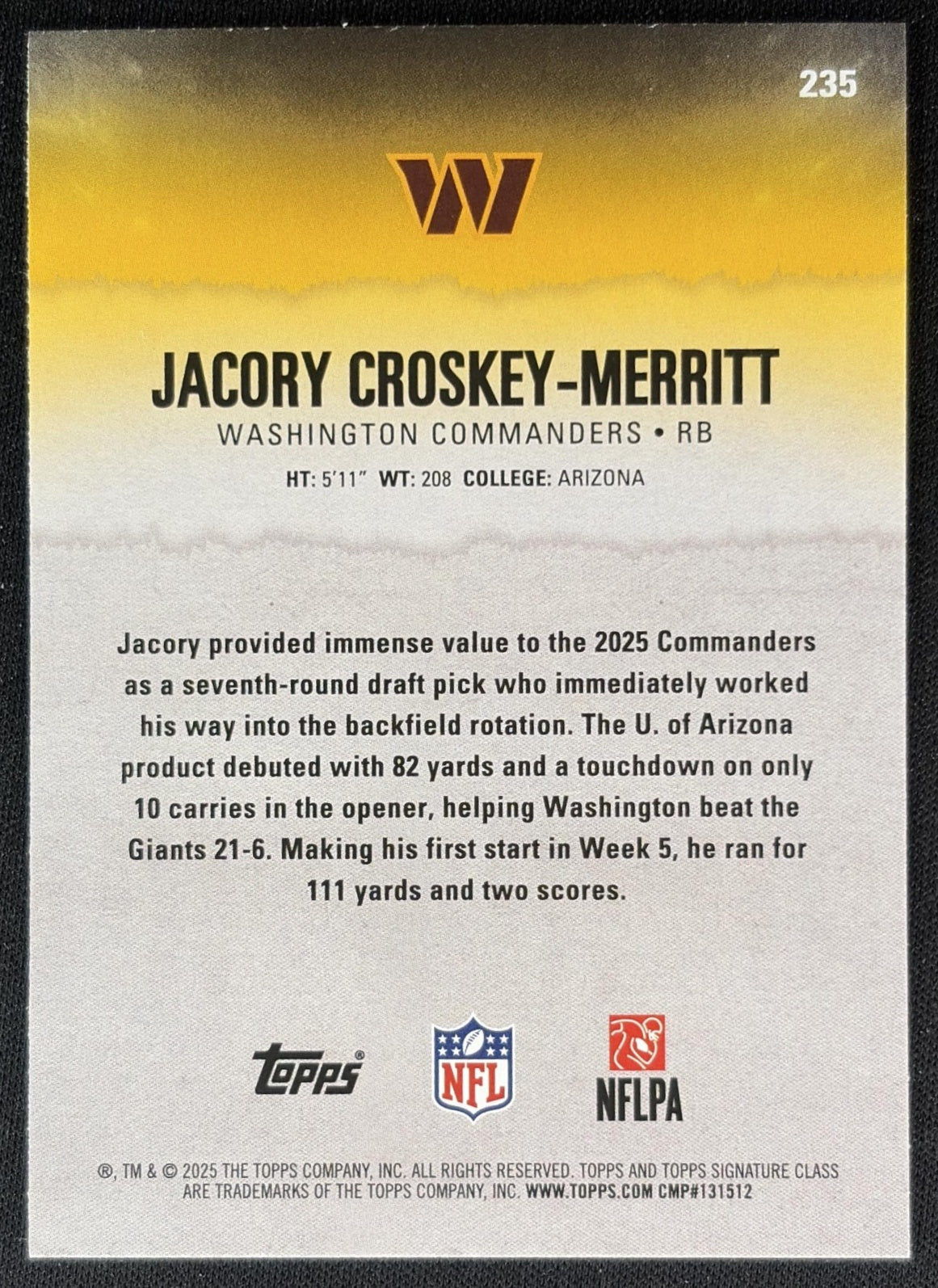 Jacory Croskey-Merritt 2025 Signature Class Rookie Blue & Yellow Foil Commanders back