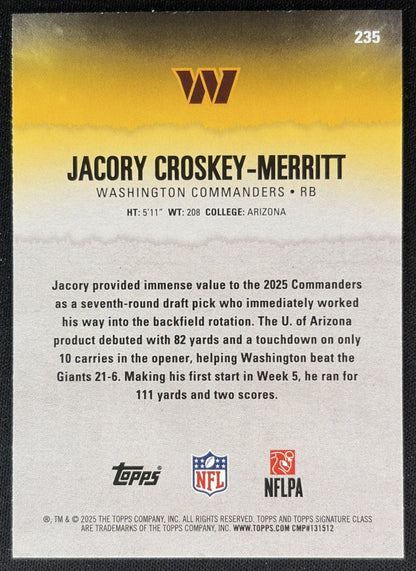 Jacory Croskey-Merritt 2025 Signature Class Rookie Blue & Yellow Foil Commanders back