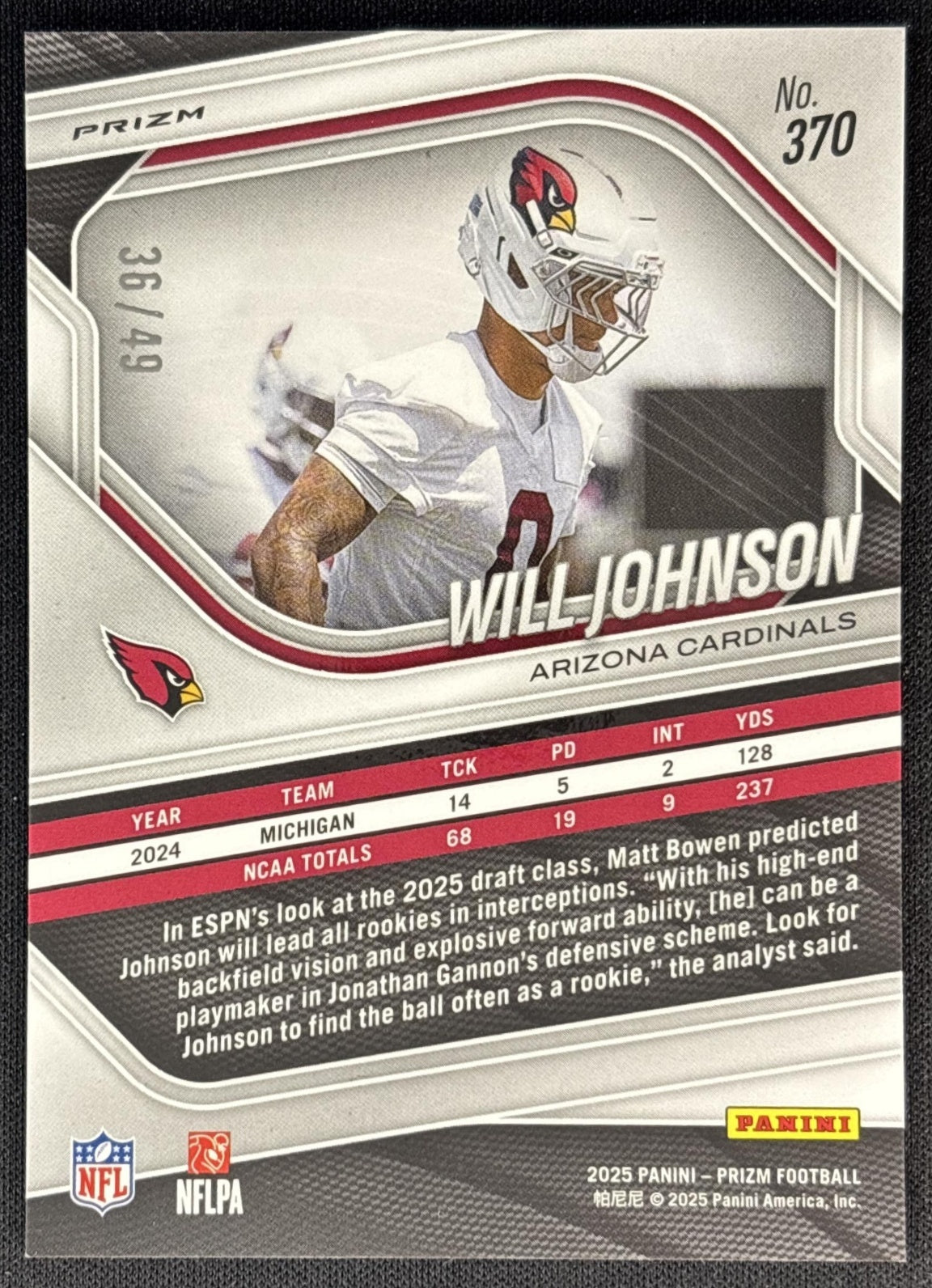 Will Johnson 2025 Panini Prizm Purple Power /49 Cardinals back