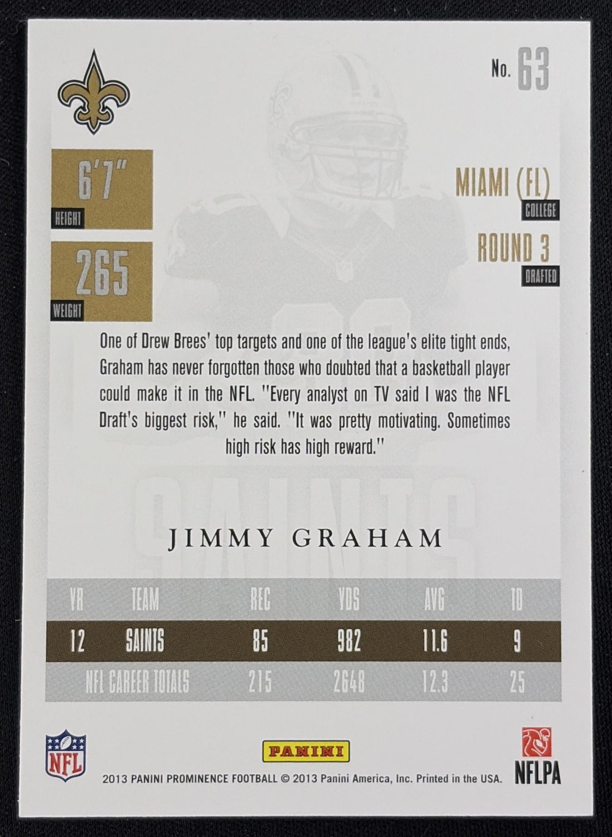 Jimmy Graham 2013 Panini Prominence Gold /199 Saints sports trading card back