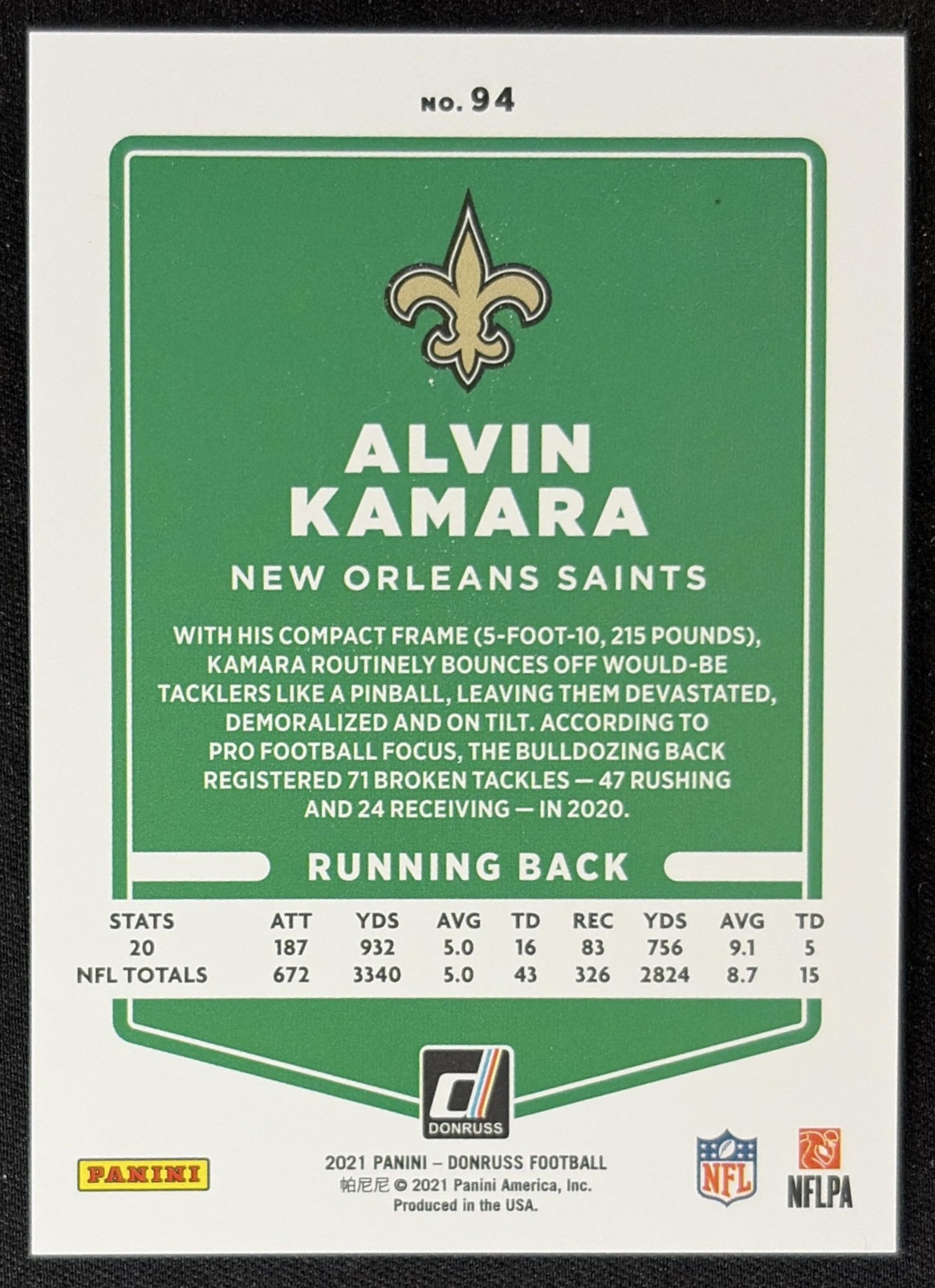 Alvin Kamara 2021 Panini Donruss Press Proof Premium Saints - New Orleans Saints