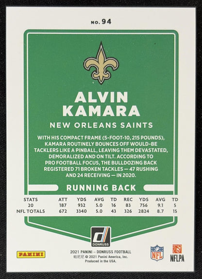 Alvin Kamara 2021 Panini Donruss Press Proof Premium Saints - New Orleans Saints