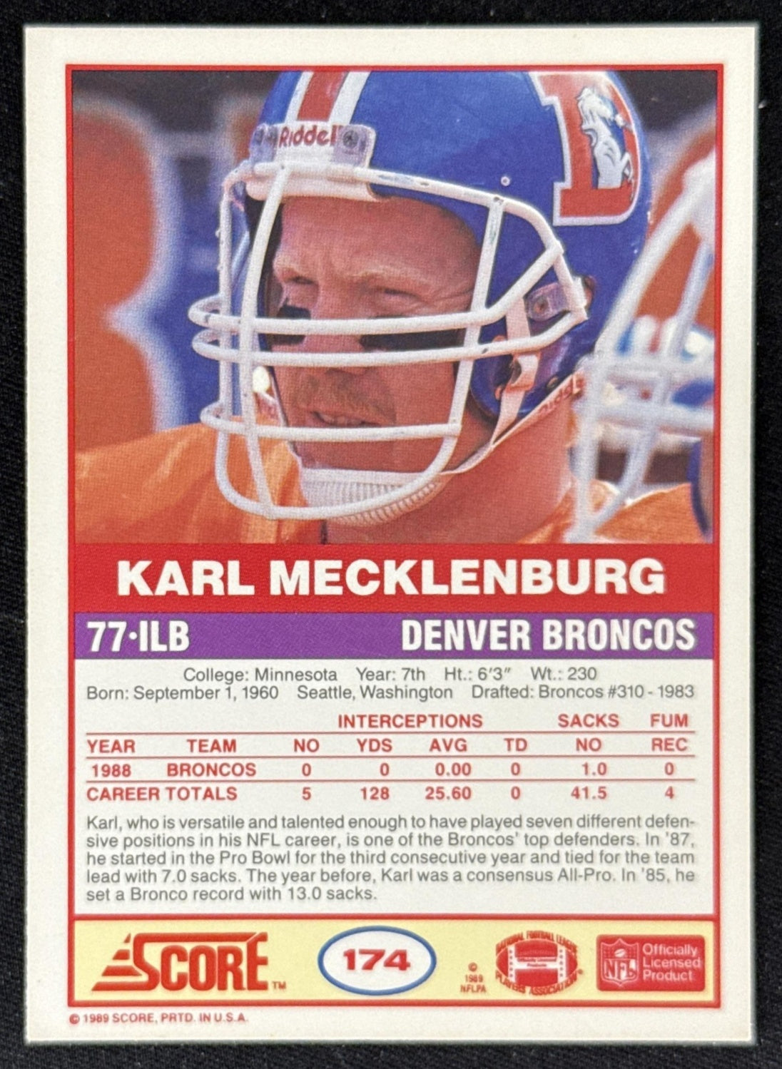 Karl Mecklenburg 1989 Score Broncos Sports Trading Card