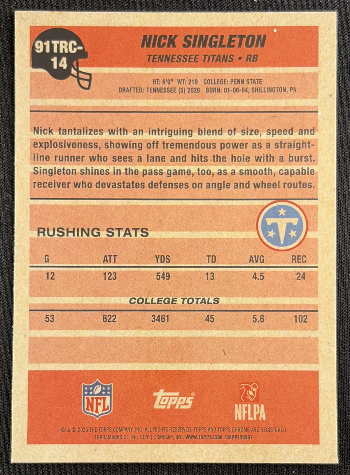 Nick Singleton 2026 Topps 1991 Chrome Rookie Mojo Refractor Titans back