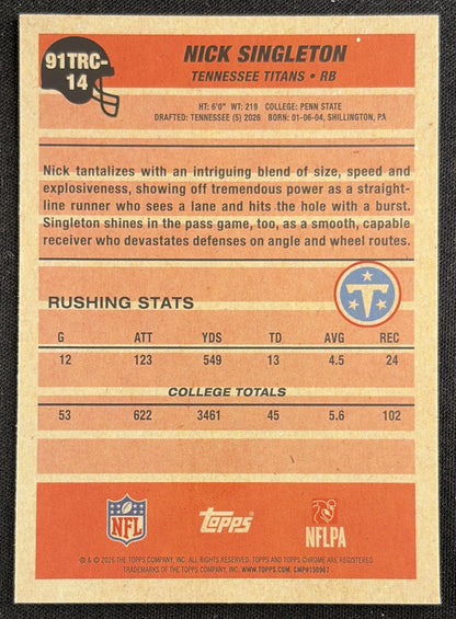Nick Singleton 2026 Topps 1991 Chrome Rookie Mojo Refractor Titans back