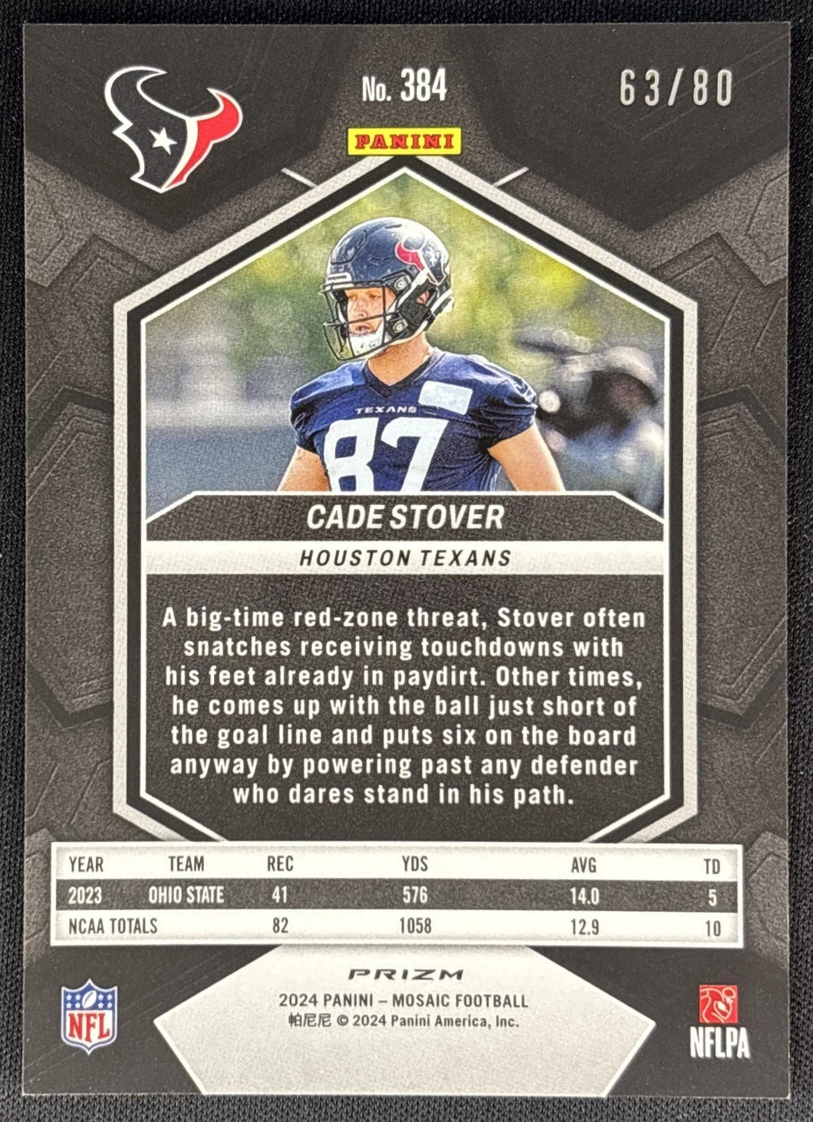 Cade Stover 2024 Panini Mosaic Choice Fusion Red and Yellow Prizm /80 Texans Sports Trading Cards