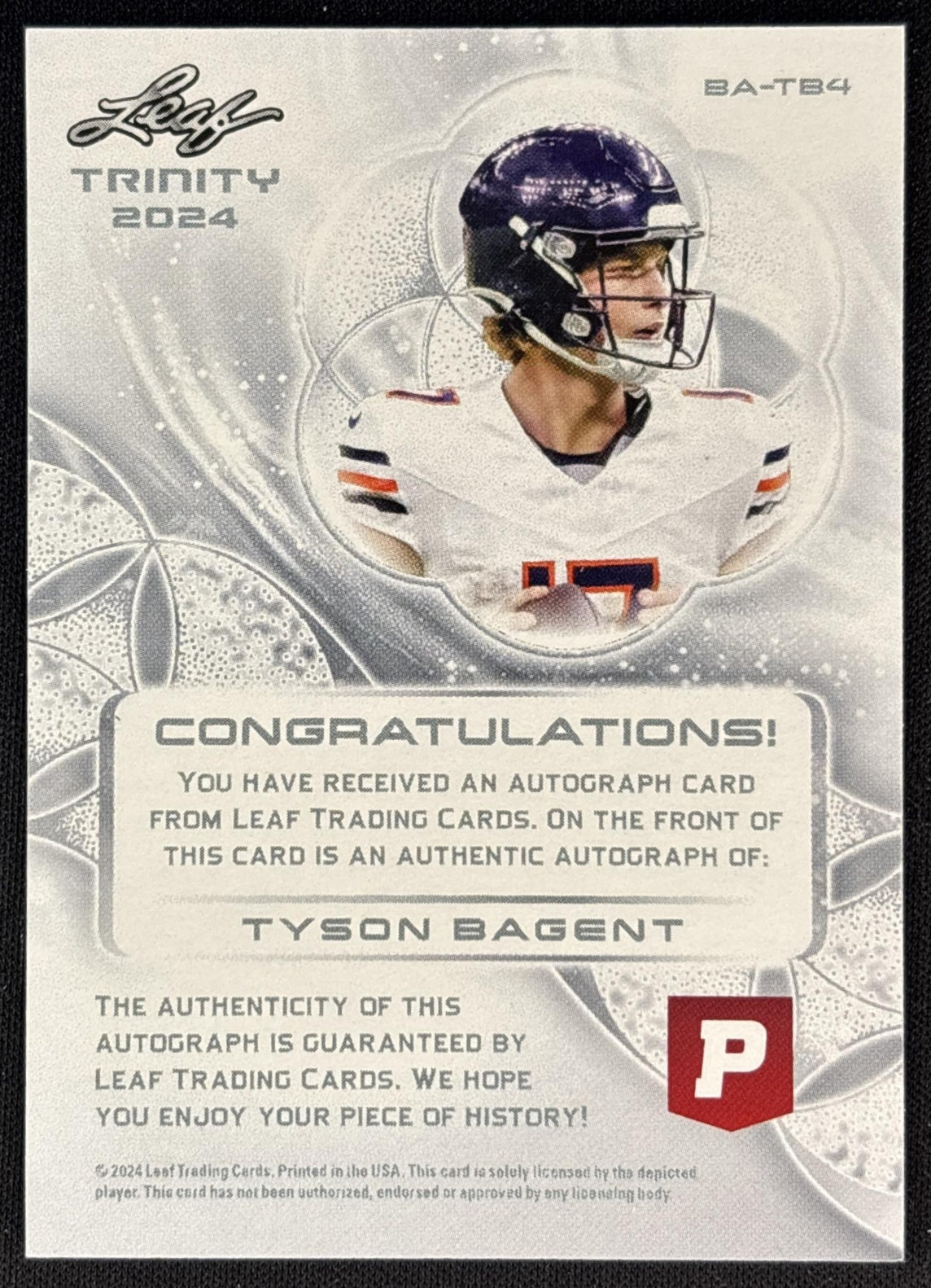 Tyson Bagent 2024 Leaf Trinity Auto Bears back
