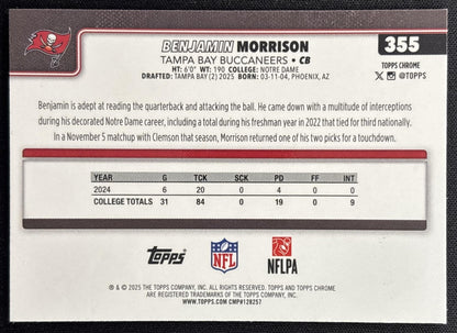 Benjamin Morrison 2025 Topps Chrome Rookie Teal Wave Refractor /299 Buccaneers Sports Trading Card