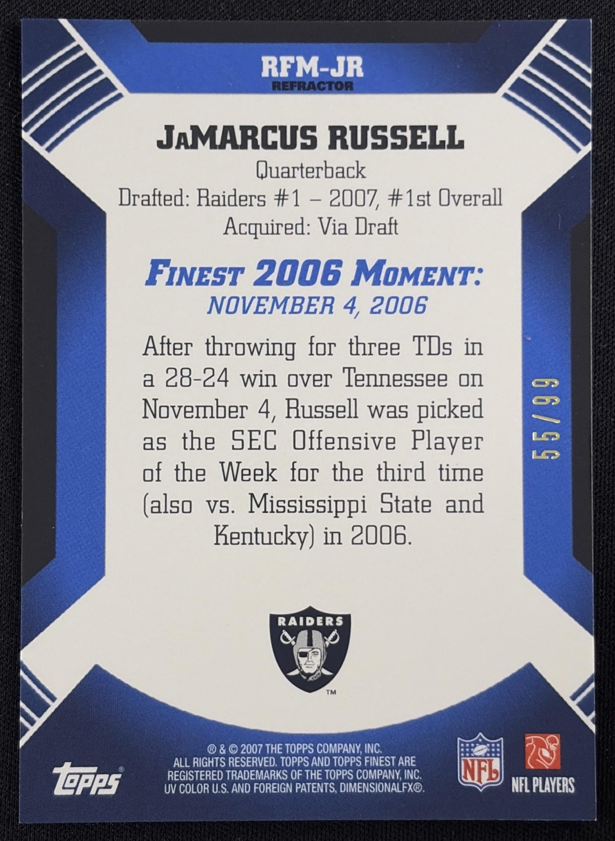 Back of JaMarcus Russell 2007 Topps Finest Moments Black Refractors /99 Raiders sports trading card