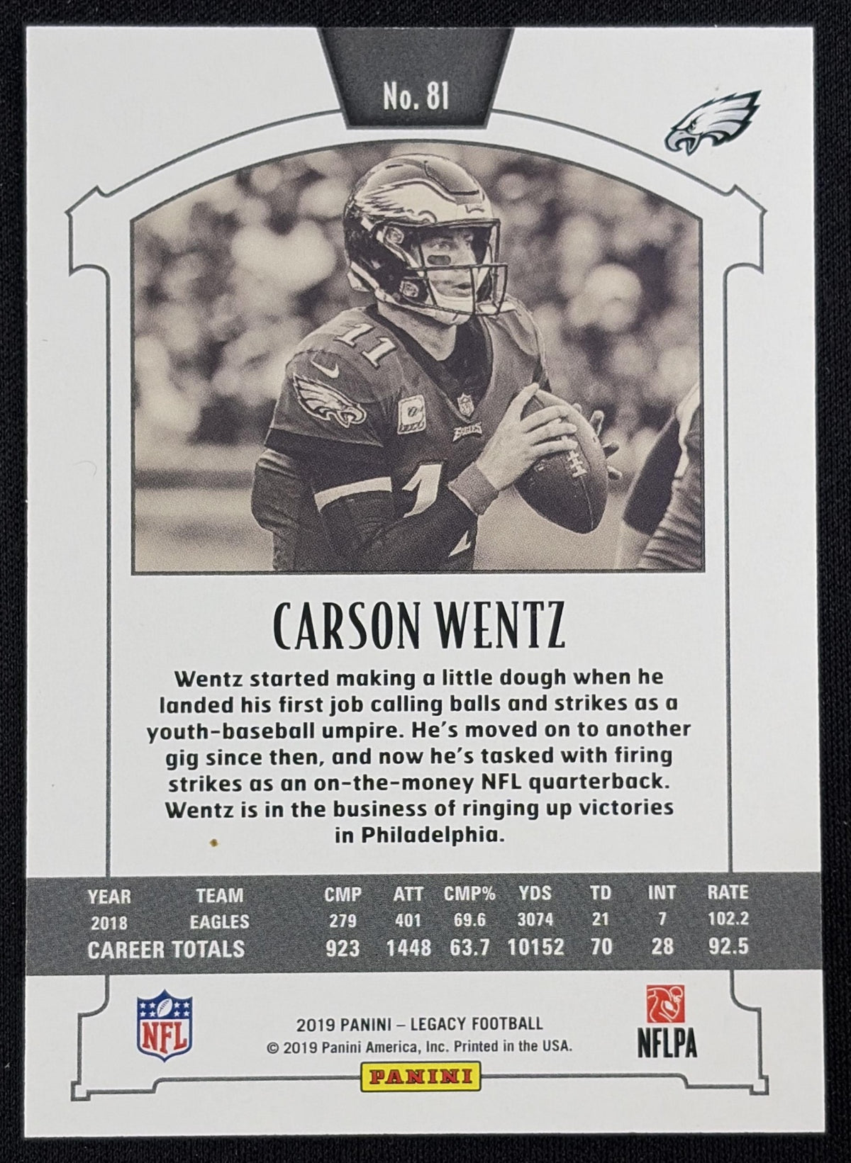 Carson Wentz 2019 Panini Legacy Orange /199 Eagles - Back