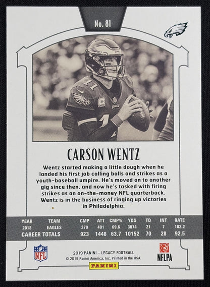Carson Wentz 2019 Panini Legacy Orange /199 Eagles - Back
