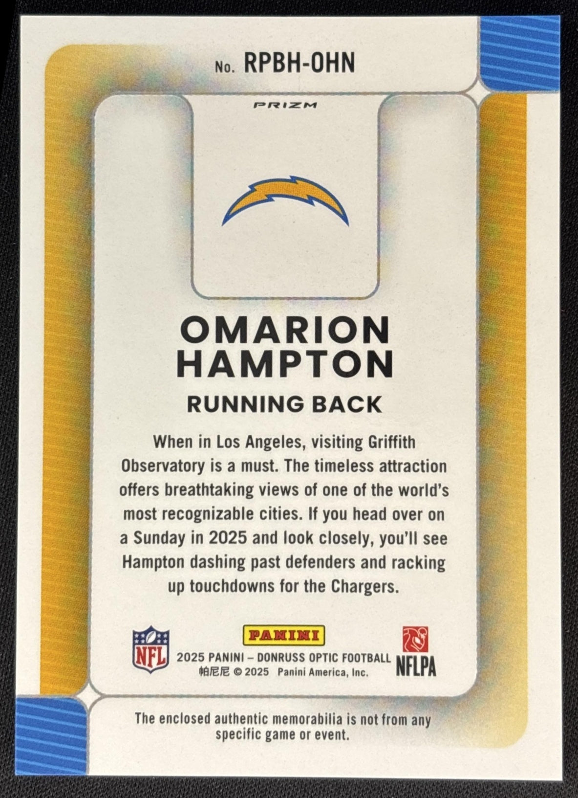 Omarion Hampton 2025 Donruss Optic Rookie Phenoms Blue Hyper Prizm Chargers Sports Trading Cards