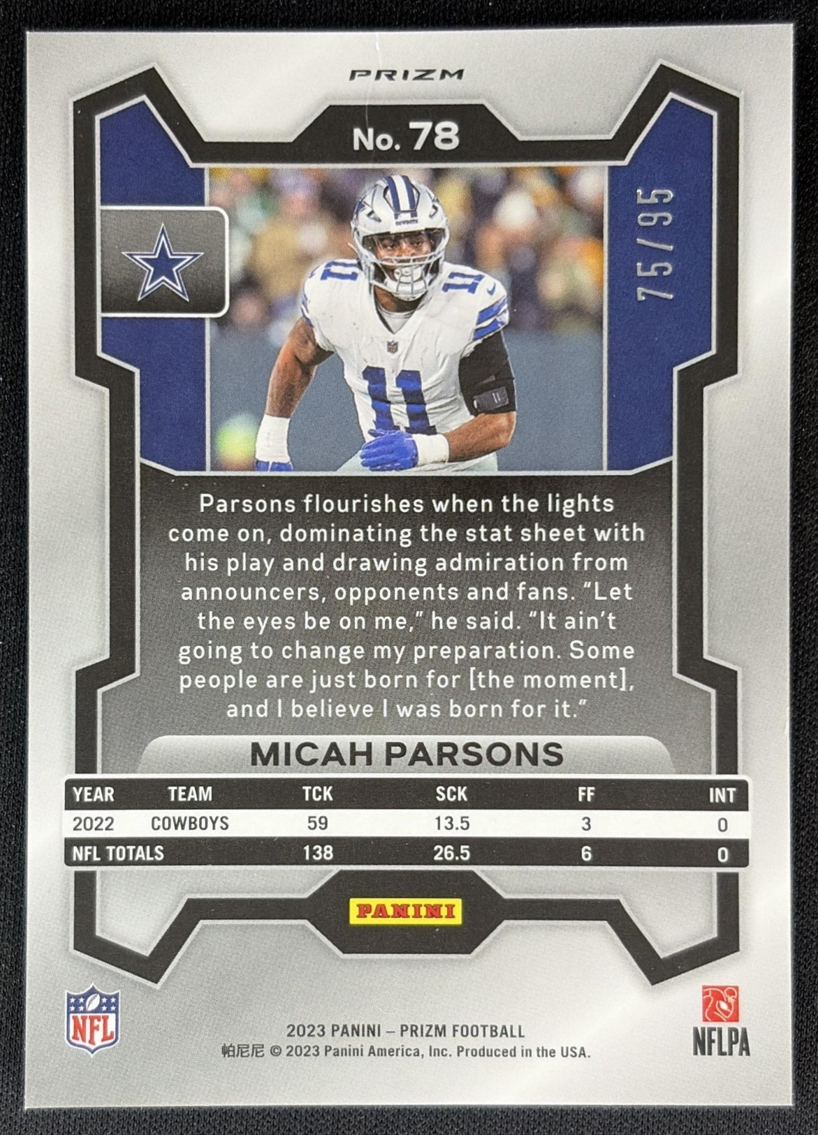 Micah Parsons 2023 Panini Prizm No Huddle Blue /95 Cowboys back