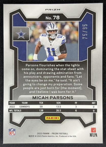 Micah Parsons 2023 Panini Prizm No Huddle Blue /95 Cowboys back