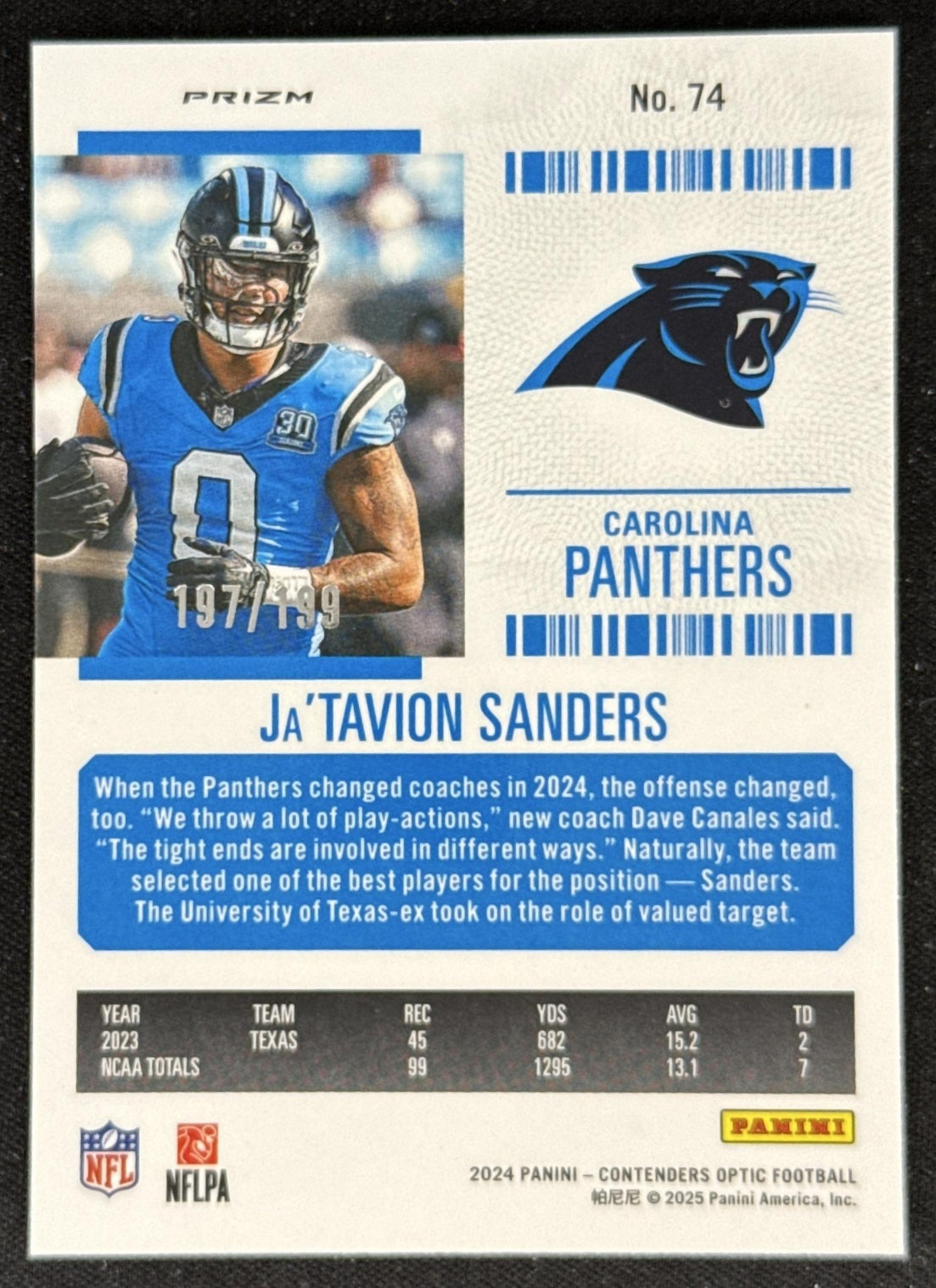 Ja'Tavion Sanders 2024 Contenders Optic Rookie Ticket Red Prizm /199 Panthers Sports Trading Card