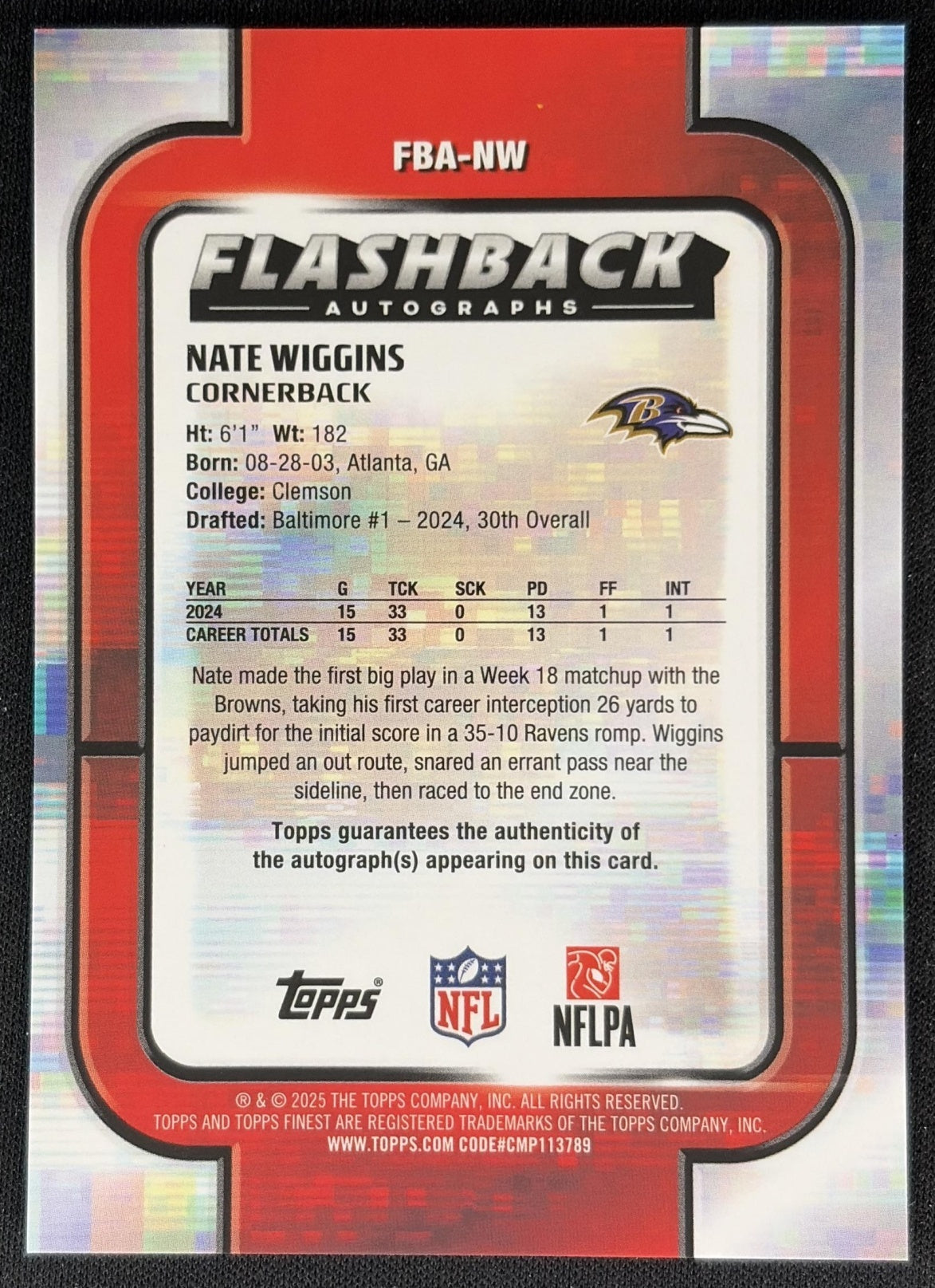 Nate Wiggins 2025 Topps Finest Flashback Auto Ravens back