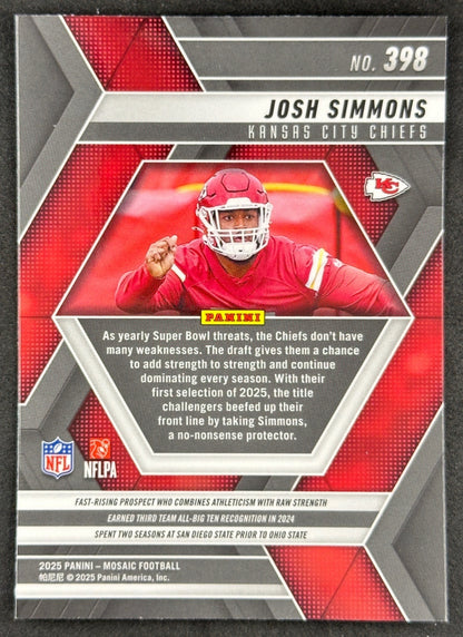 Josh Simmons 2025 Mosaic Rookies Chiefs Sports Trading Card