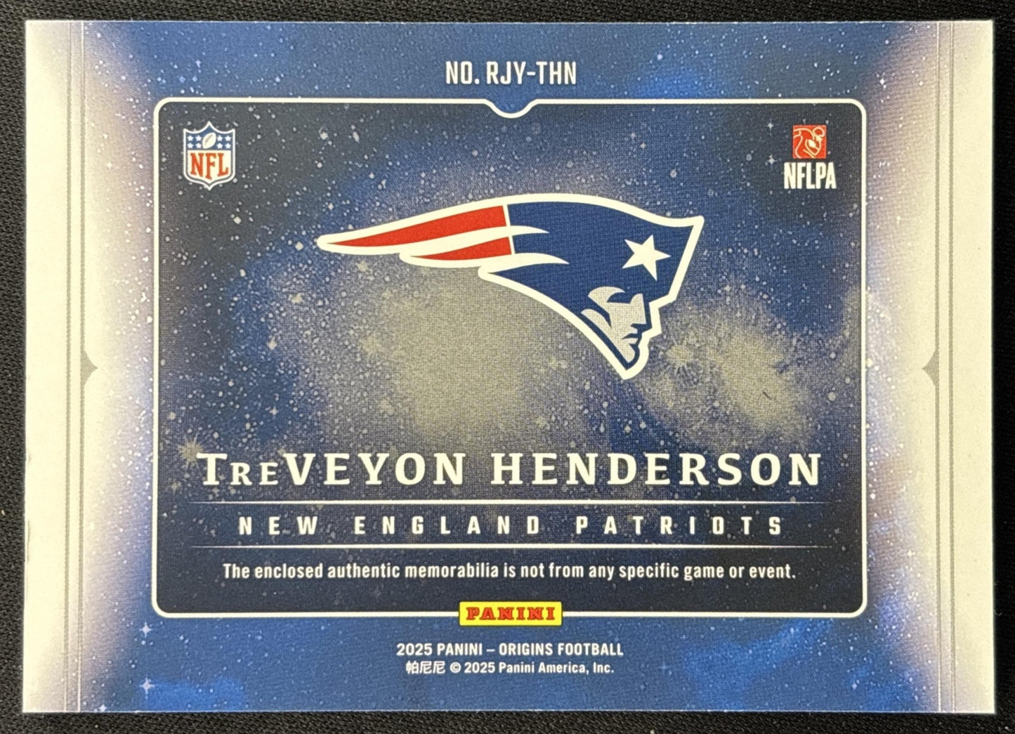 TreVeyon Henderson 2025 Panini Origins Rookie Jumbo Jersey Red /99 Patriots back
