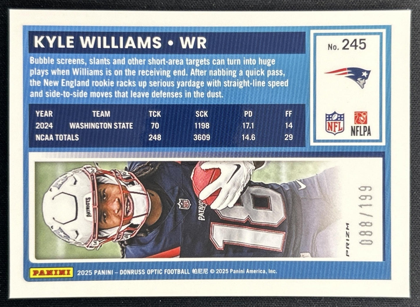 Kyle Williams 2025 Panini Donruss Optic Rated Rookie Flex Prizm /199 Patriots Back