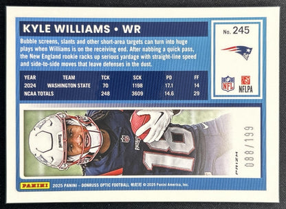 Kyle Williams 2025 Panini Donruss Optic Rated Rookie Flex Prizm /199 Patriots Back