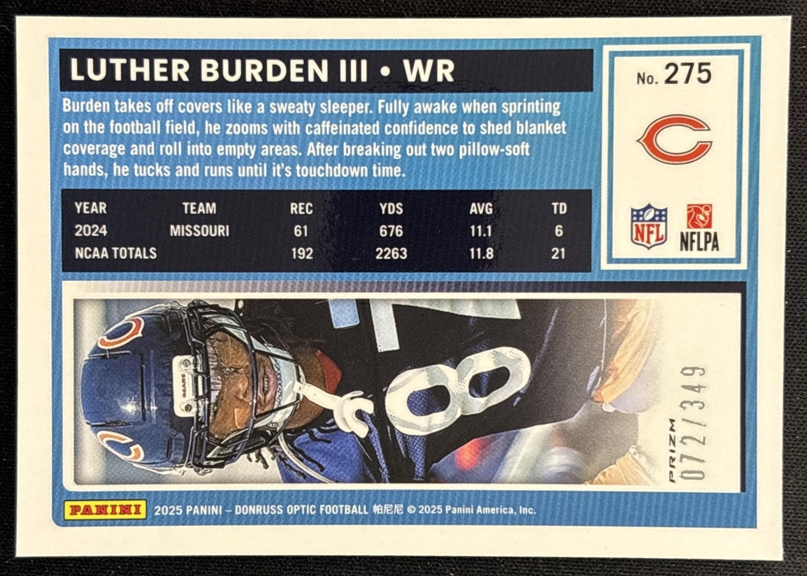Luther Burden III 2025 Panini Donruss Optic Rated Rookie Aqua Prizm 072/349 Bears Back
