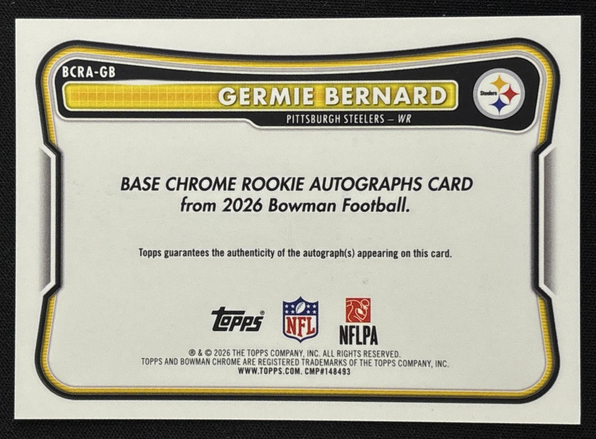 Germie Bernard 2026 Bowman Chrome Rookie Auto Steelers Sports Trading Card