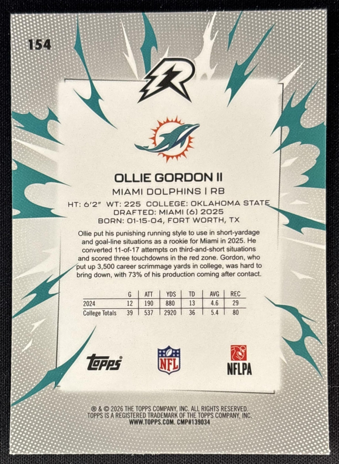 Ollie Gordon II 2025 Topps Resurgence Dolphins Sports Trading Cards
