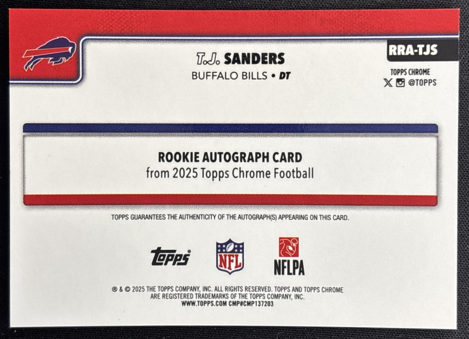 T.J. Sanders 2025 Topps Chrome Retail Rookie Auto Gold Lava Refractor /50 Bills back
