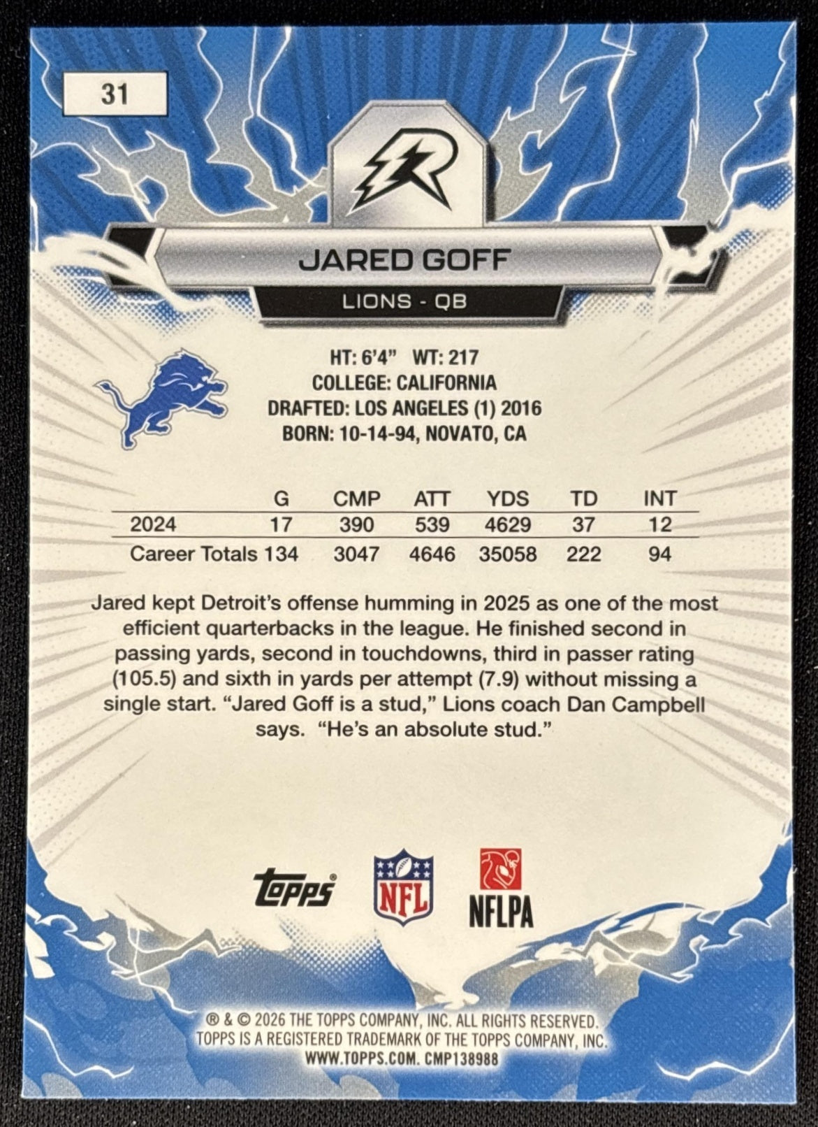 Jared Goff 2025 Topps Resurgence Lions Detroit Lions back