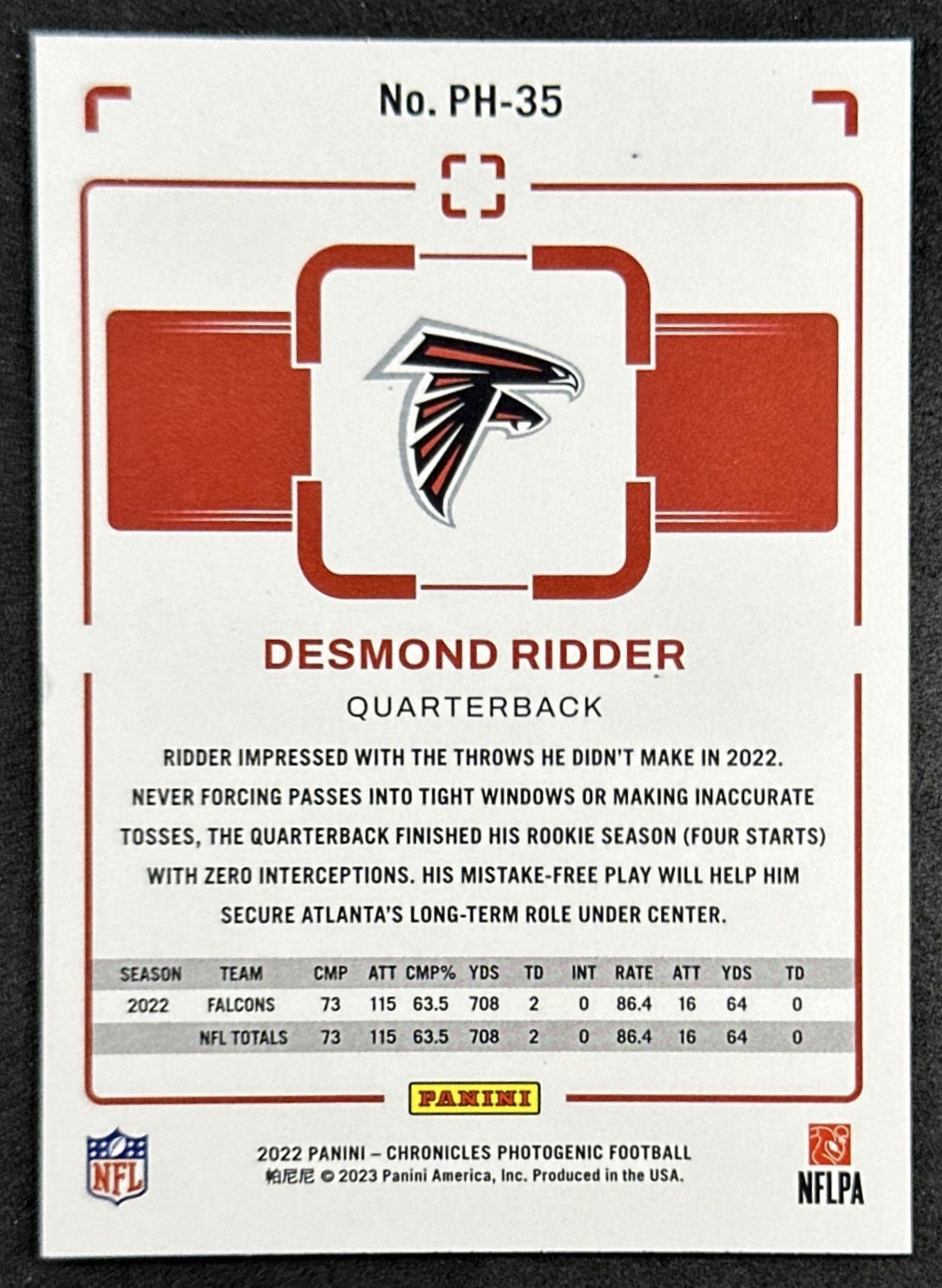 Desmond Ridder 2022 Panini Chronicles Photogenic Falcons back