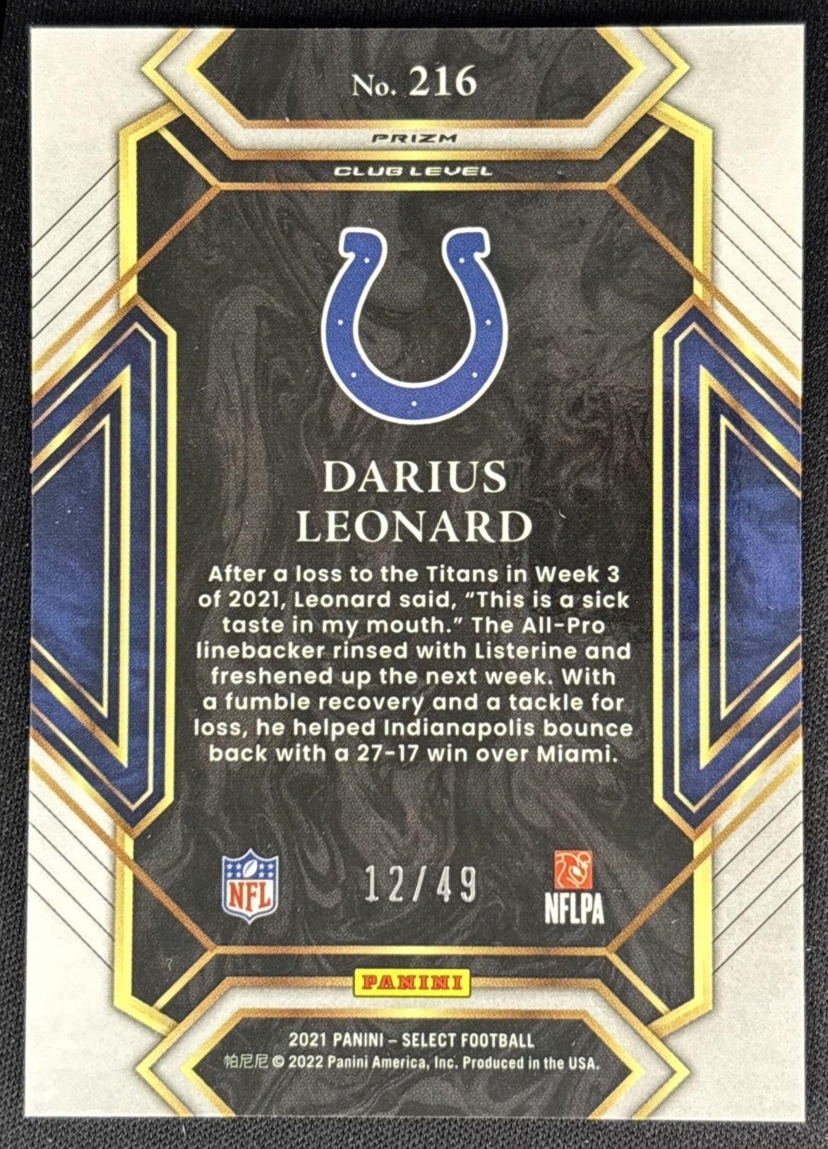 Darius Leonard 2021 Panini Select Red Prizm /49