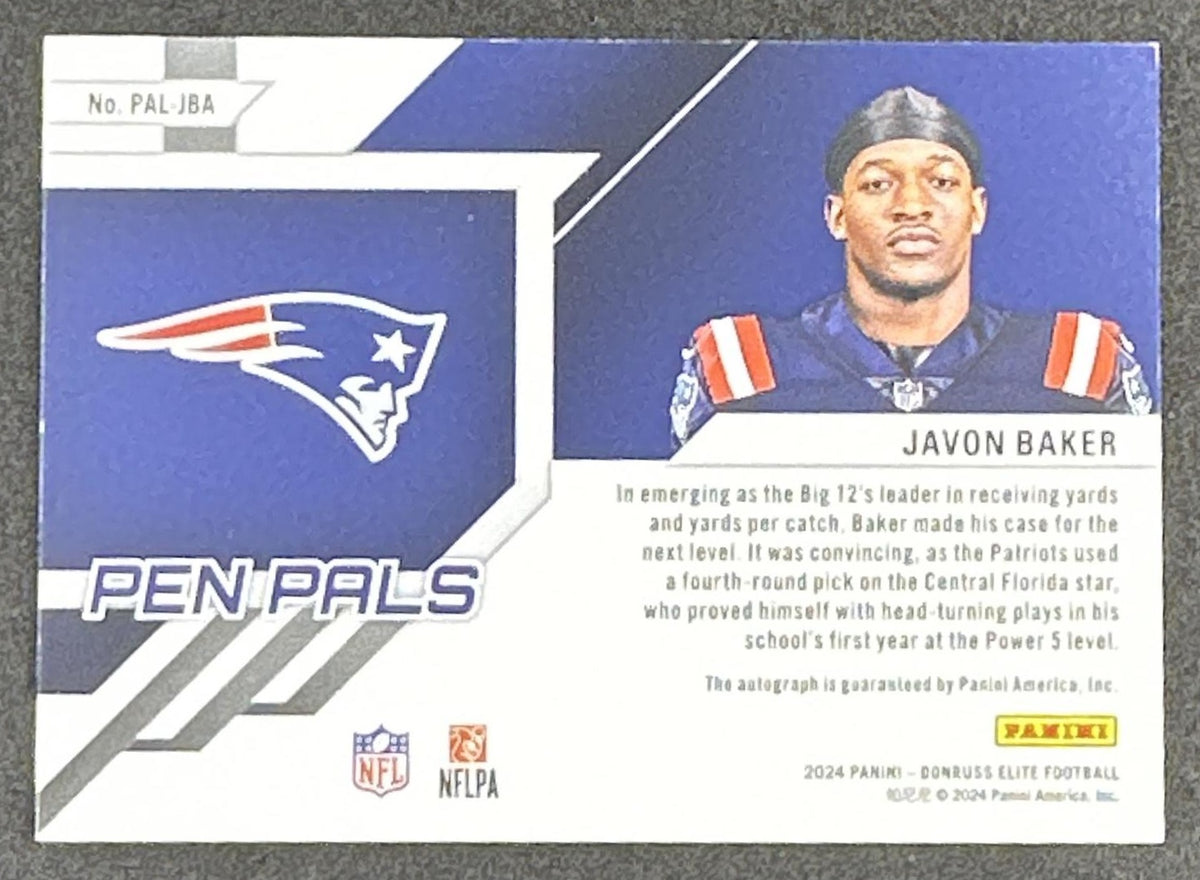Javon Baker 2024 Panini Donruss Elite Pen Pals Patriots