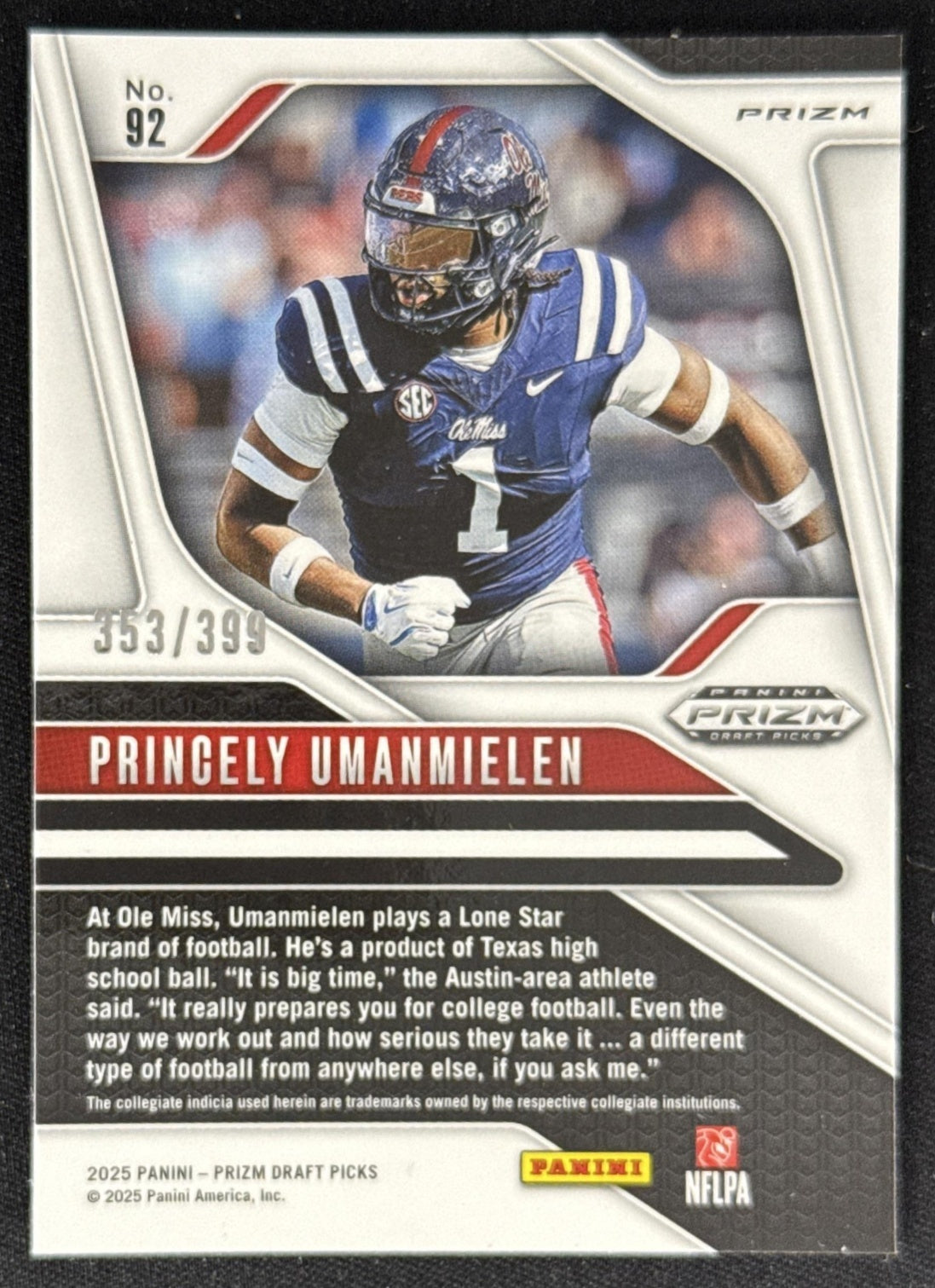 Princely Umanmielen 2025 Panini Prizm Draft Picks Red /399 Rebels Sports Trading Card