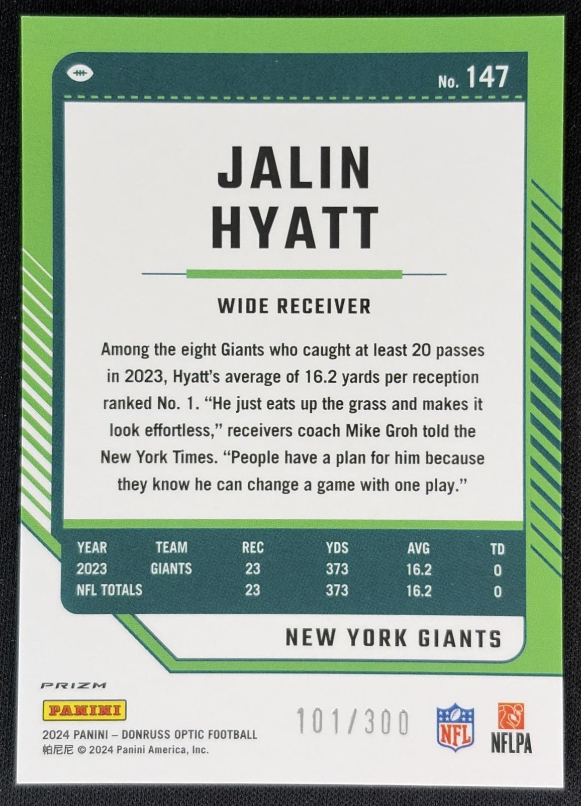 Jalin Hyatt 2024 Panini Donruss Optic Wave /300 Giants Back