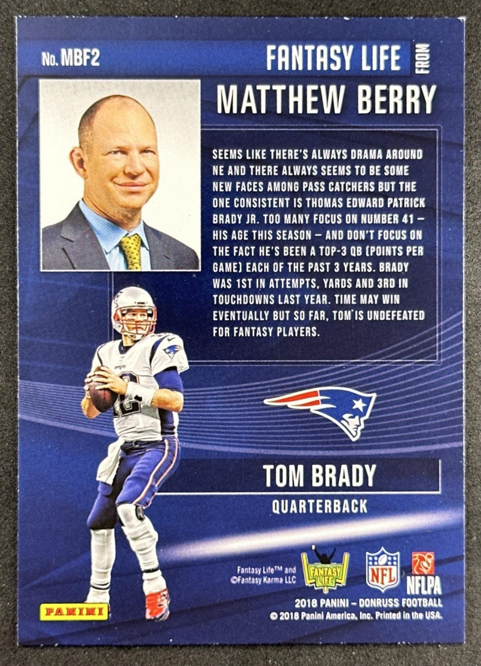 Tom Brady 2018 Panini Donruss Matthew Berry's Fantasy Life Patriots