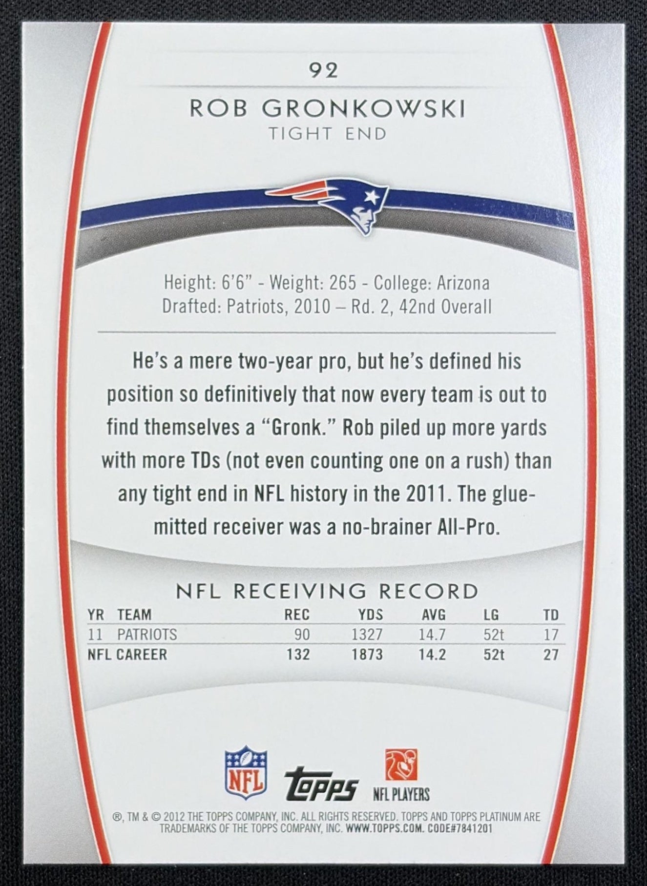 Rob Gronkowski 2012 Topps Platinum Patriots New England Patriots
