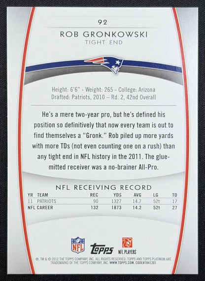 Rob Gronkowski 2012 Topps Platinum Patriots New England Patriots