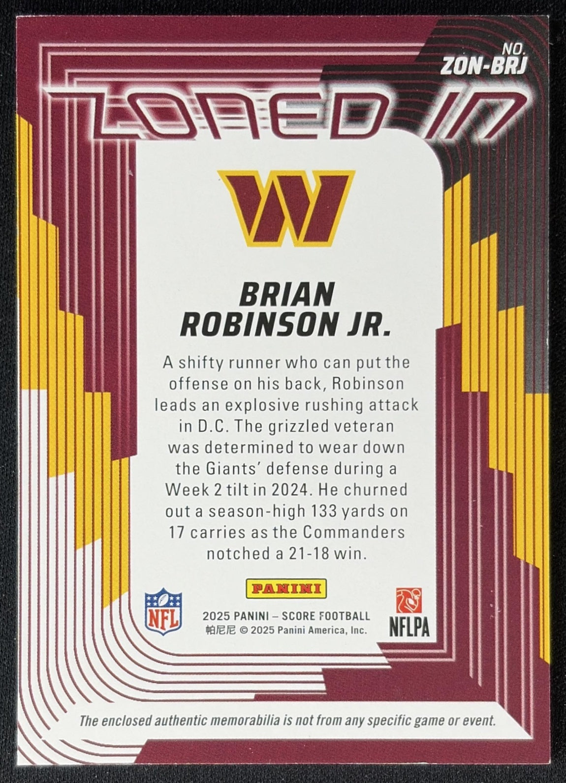 Brian Robinson Jr. 2025 Panini Score Zoned In Jerseys Commanders back