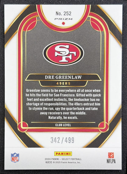 Dre Greenlaw 2024 Panini Select Club Neon Green Prizm Shock /499 49ers back