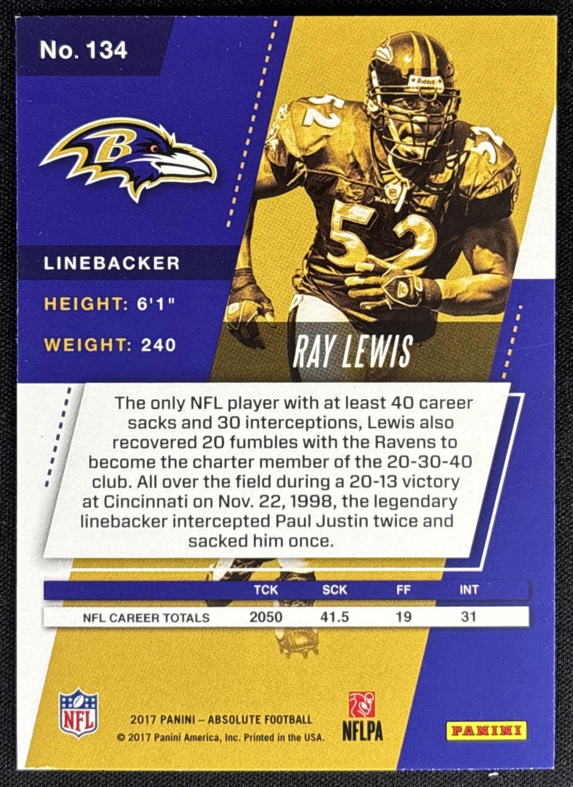 Ray Lewis 2017 Panini Absolute /499 Ravens Sports Trading Card