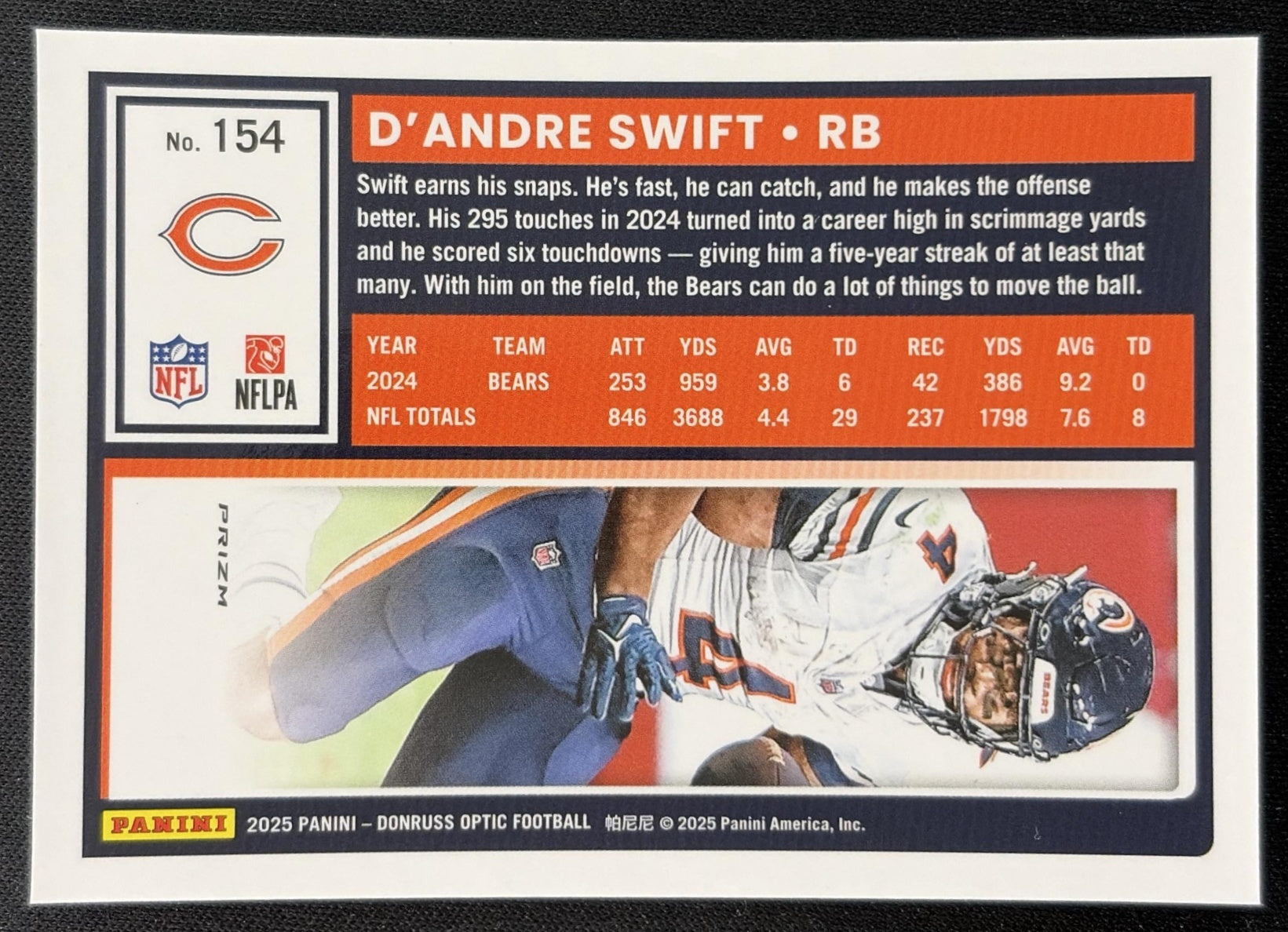 D'Andre Swift 2025 Panini Donruss Optic Fire Prizm Bears Sports Trading Card