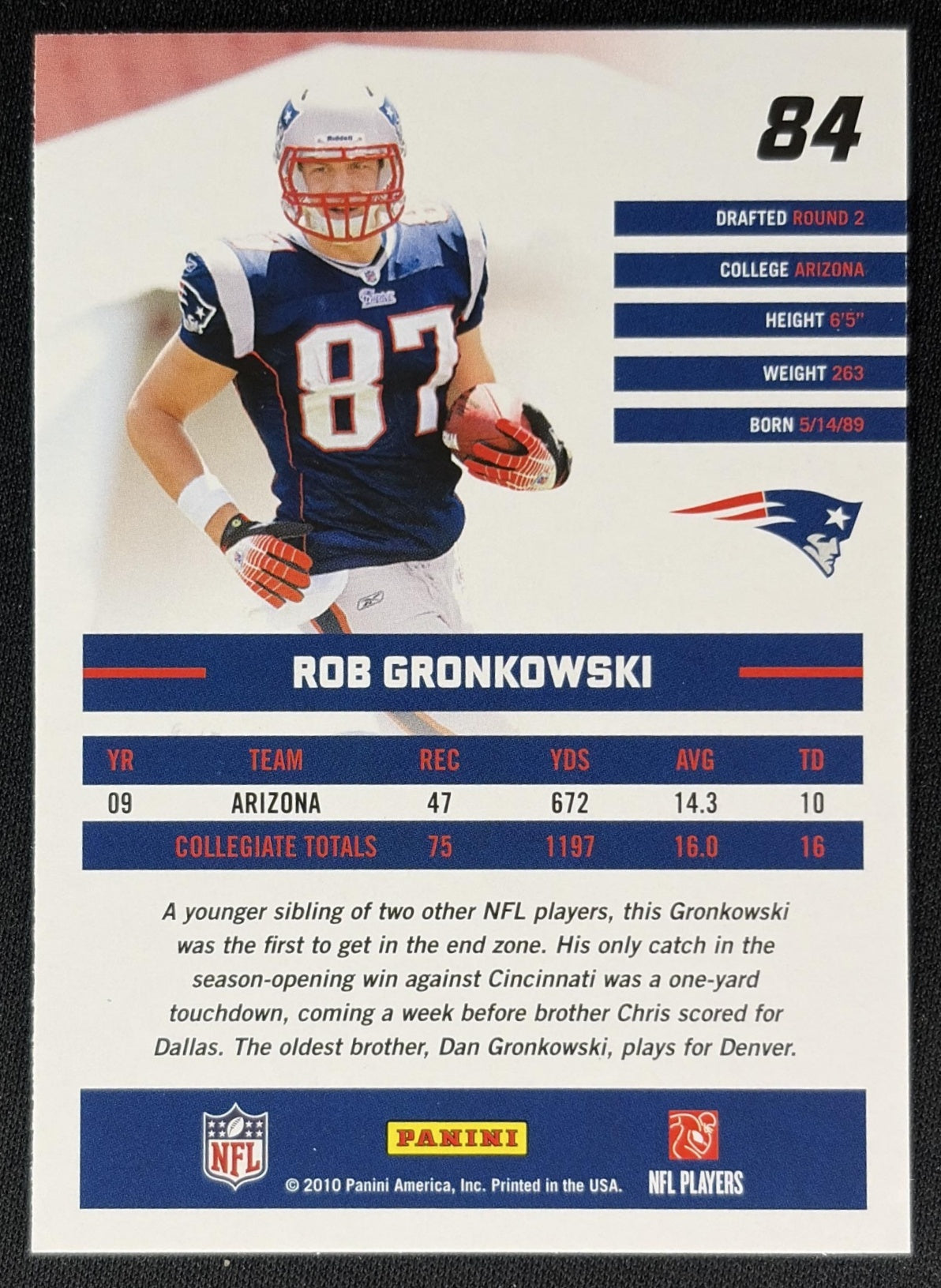 Rob Gronkowski 2010 Panini Donruss Rated Rookie Patriots back