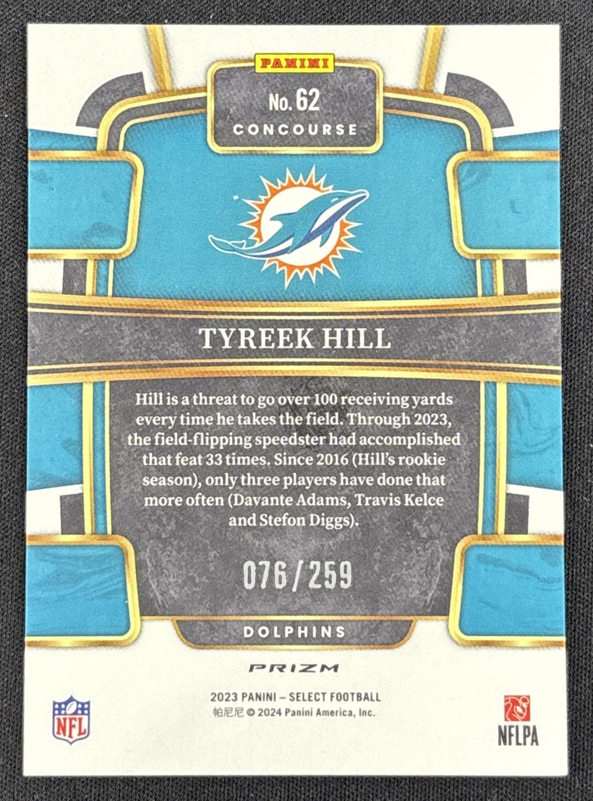 Tyreek Hill 2023 Panini Select Tri Color Prizms /259 Dolphins