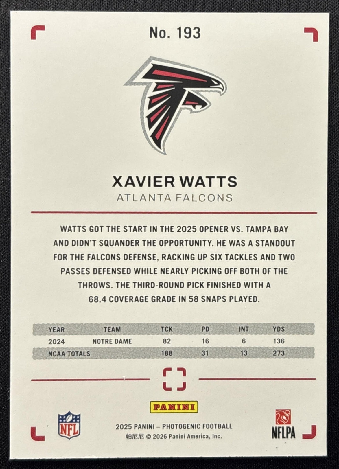 Xavier Watts 2025 Panini PhotoGenic Rookies Horizontal Purple /99 Falcons