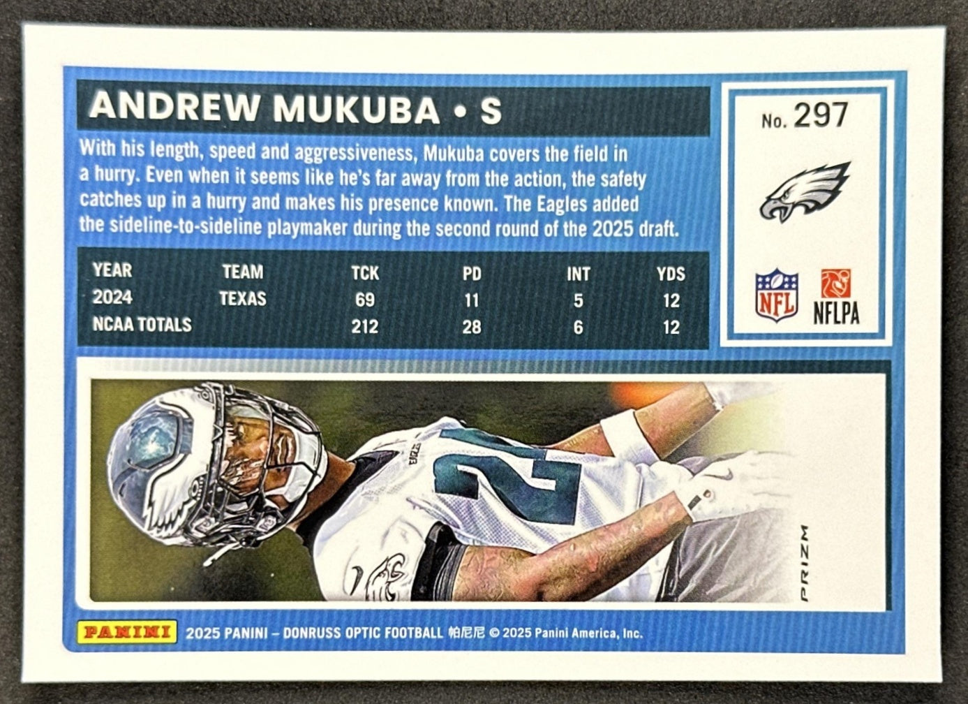 Andrew Mukuba 2025 Panini Donruss Optic Rated Rookie Holo Prizm Eagles back