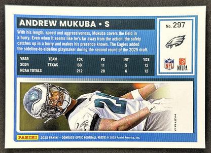 Andrew Mukuba 2025 Panini Donruss Optic Rated Rookie Holo Prizm Eagles back