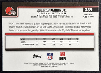Harold Fannin Jr. 2025 Topps Chrome Rookie Pulsar Refractor Browns Sports Trading Cards