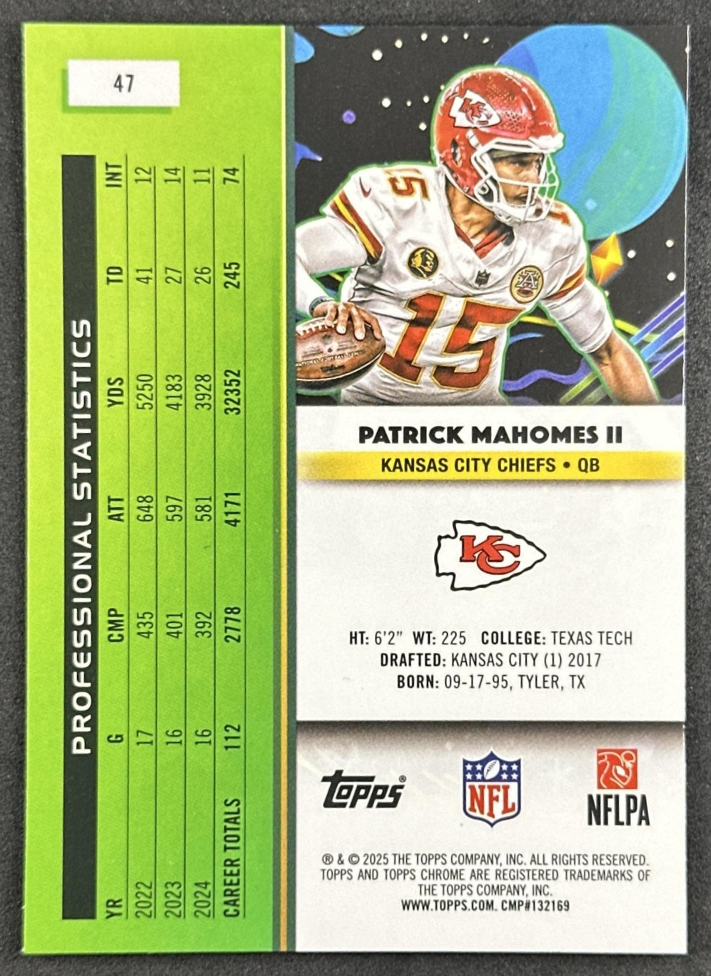 Patrick Mahomes II 2025 Topps Cosmic Chrome Chiefs back