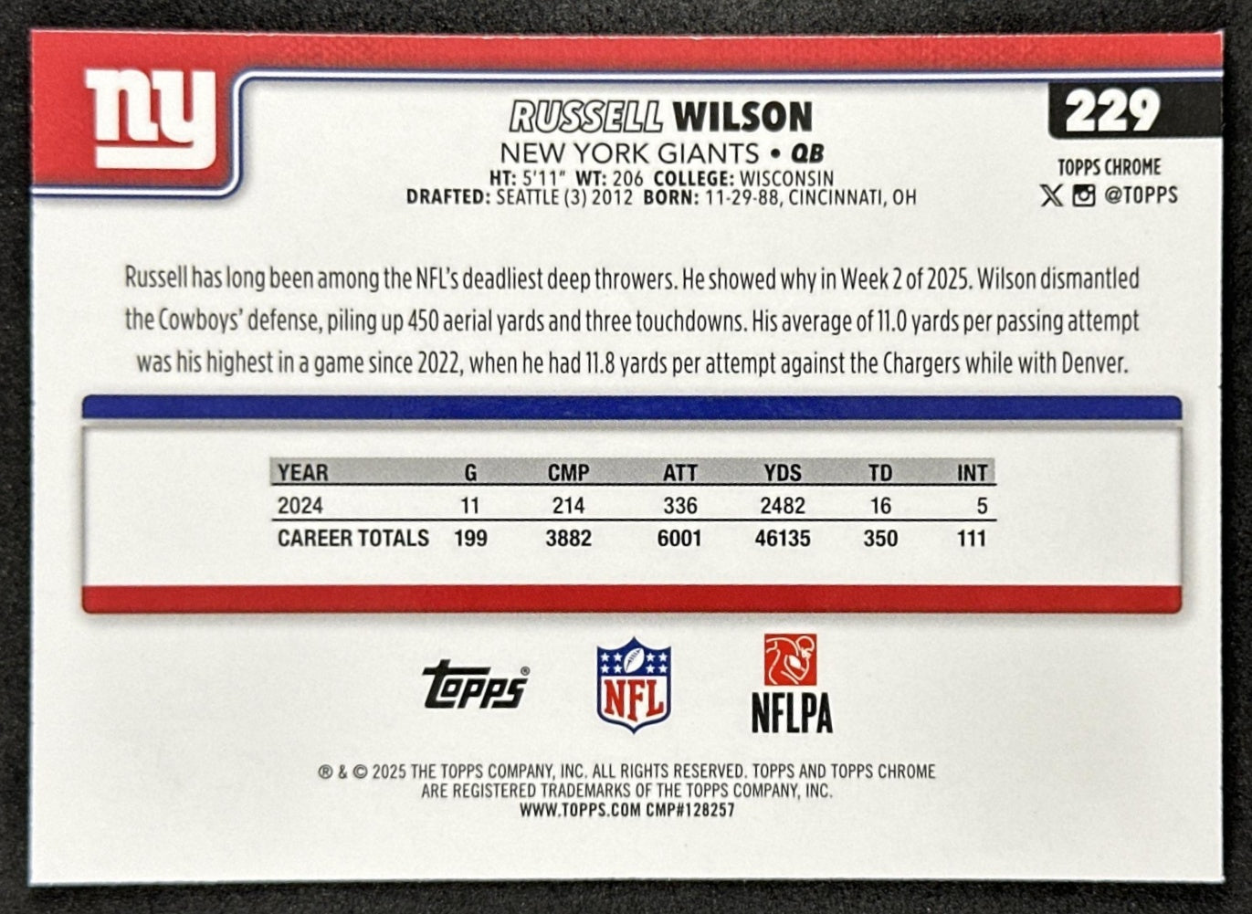 Russell Wilson 2025 Topps Chrome RayWave Refractor Giants back